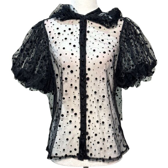 NEW Polka Dot Sheer Black Puff Sleeve Button-Up Blouse By Haute Monde Size S - Picture 4 of 13